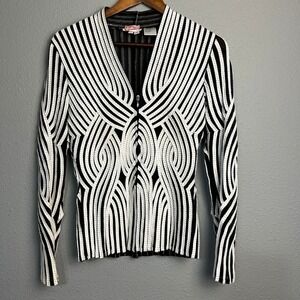 Alexandra Rosati Jacket 4 Black White Zip Front Geometric Illusion Blazer Retro‎